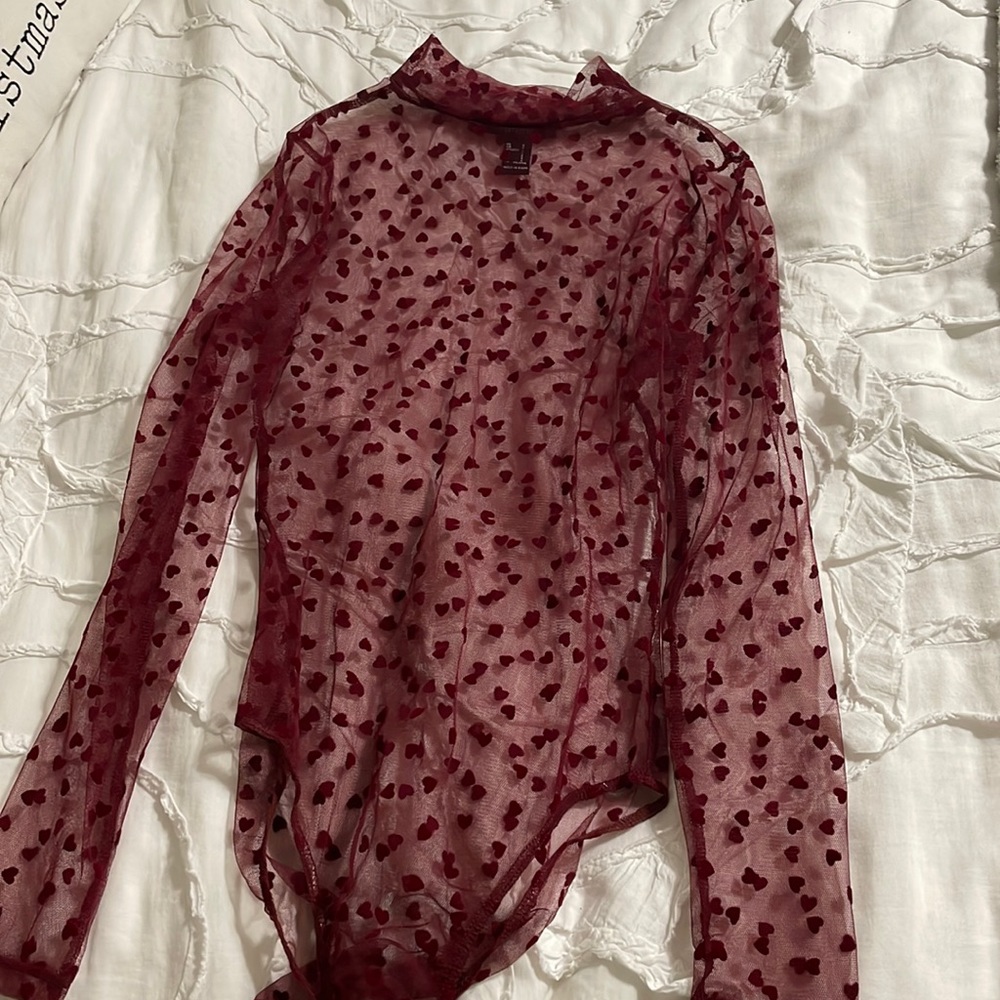 Red heart mesh bodysuit